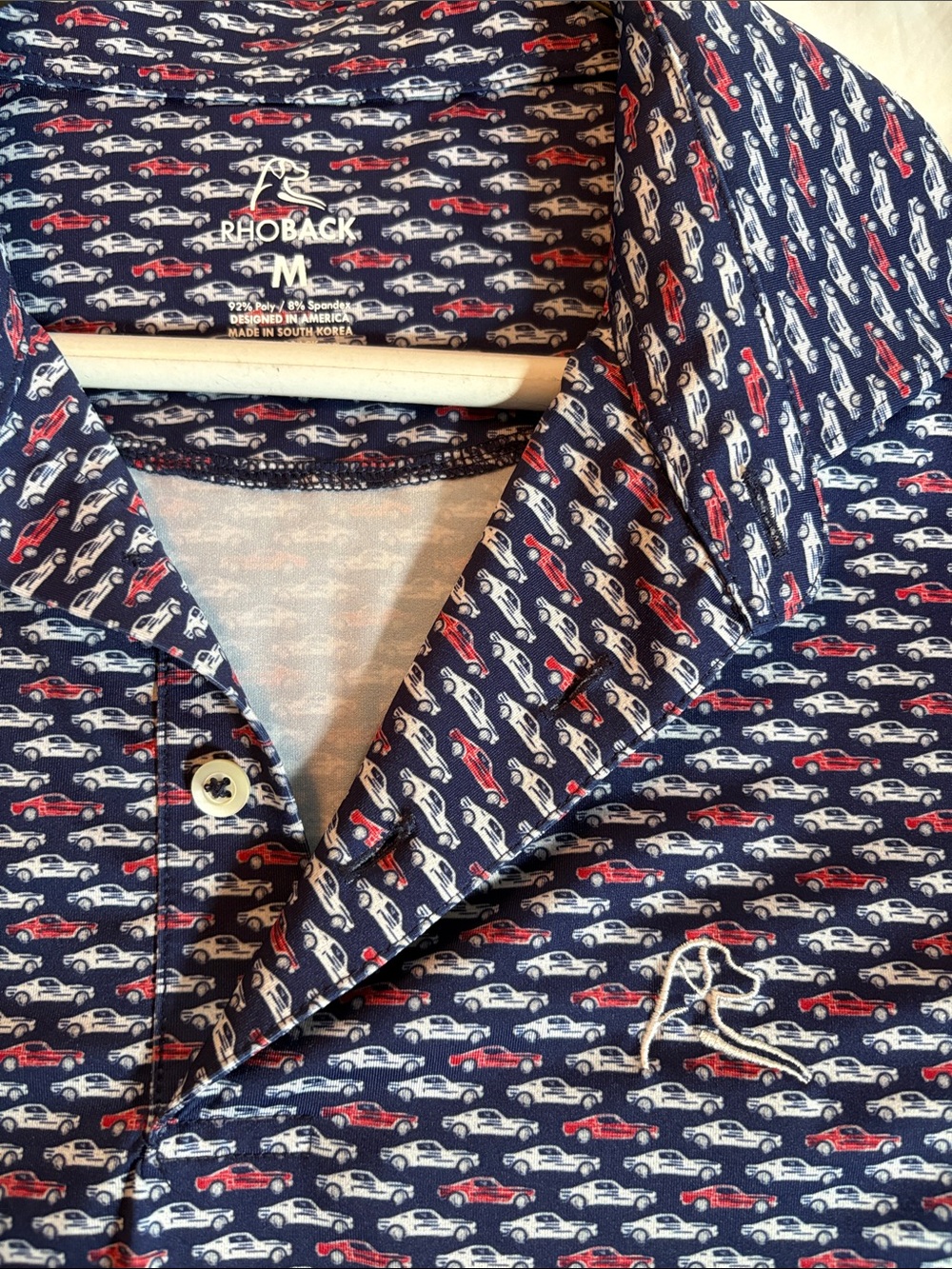 Rhoback Men’s Navy Polo with Red & White Car Print